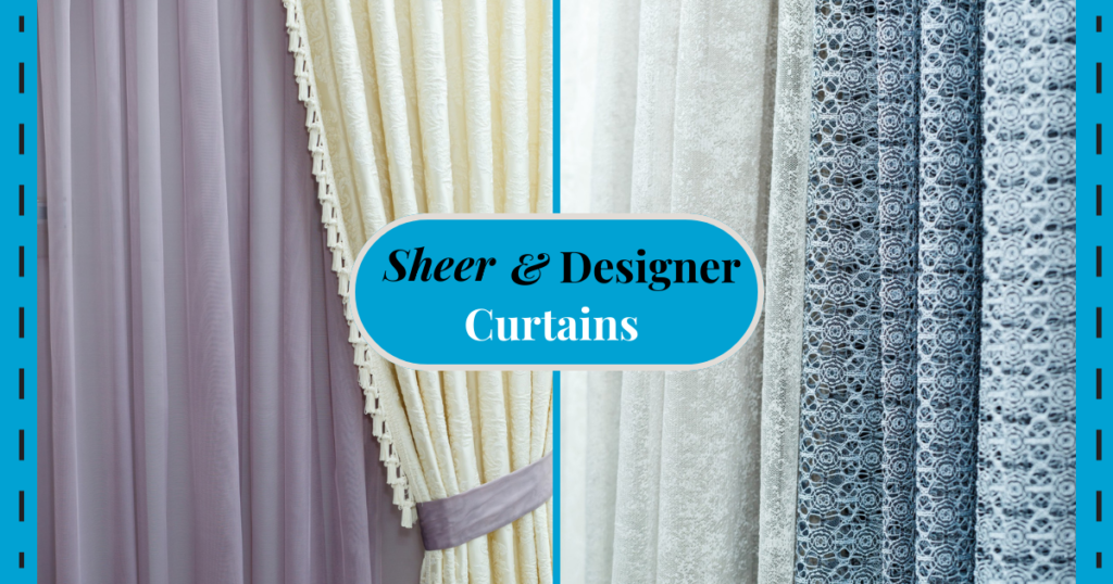 Purple sheer curtains, white embroidered designer curtains, and lace patterns.