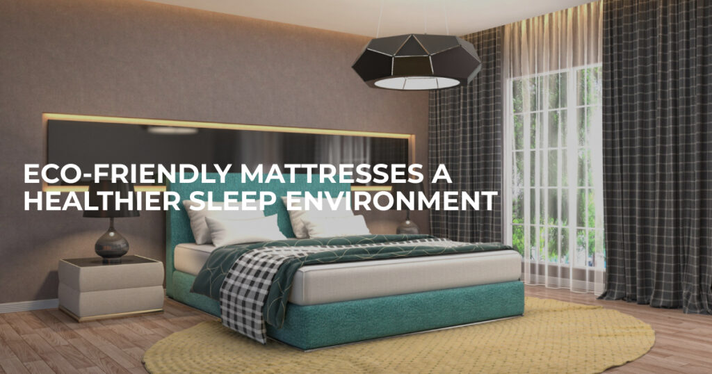 A modern bedroom with an eco-friendly mattress, featuring a teal bedspread and a geometric pendant light.