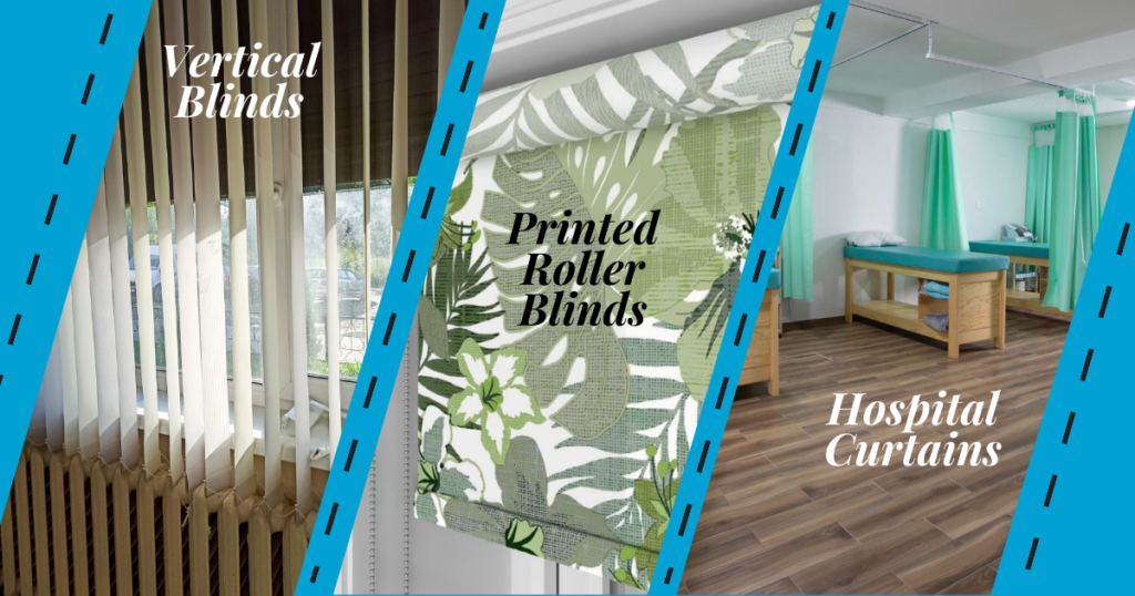 White vertical blinds, floral roller blinds, and green hospital curtains blend.