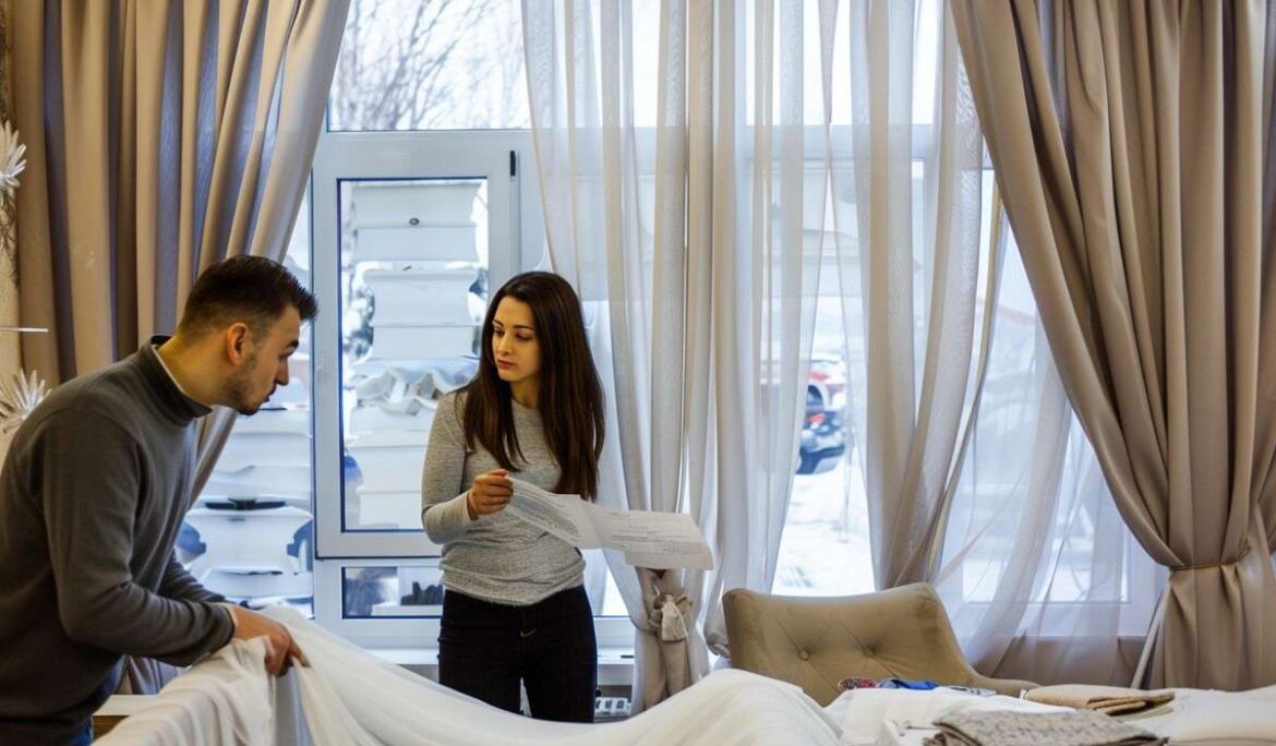 Two people discussing fabric samples in a well-lit room with large windows and beige curtains, holding a sheer white fabric and a document.