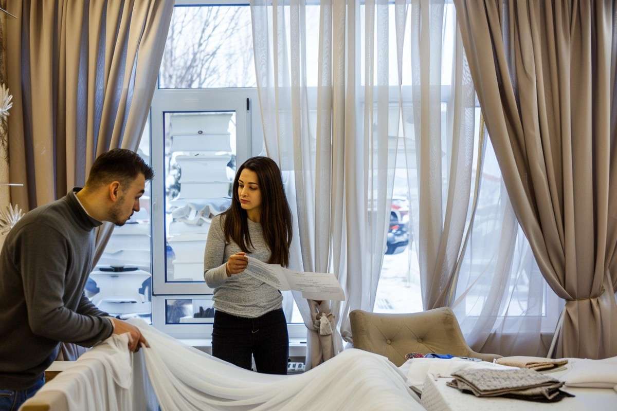 Two people discussing fabric samples in a well-lit room with large windows and beige curtains, holding a sheer white fabric and a document.