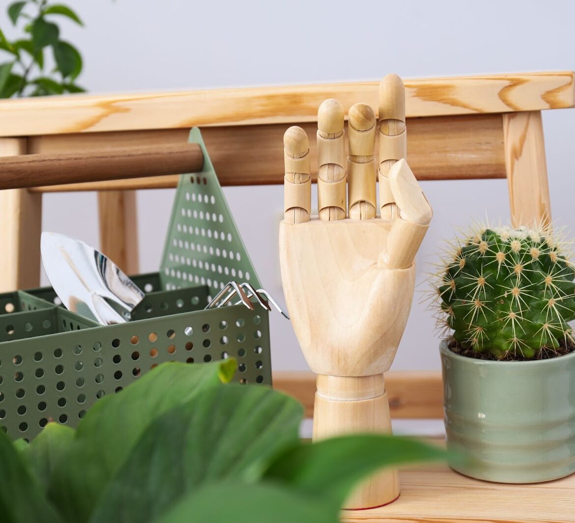 A cozy living room with a Snake Plant in a decorative pot on a wooden coffee table, surrounded by other green houseplants, a grey sofa with a green blanket, and wooden cabinets in the background.