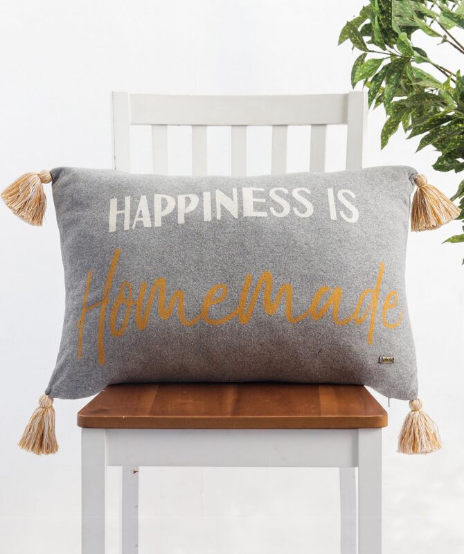 Happiness Is Homemade - Light Grey Cotton Knitted Decorative Cushion Cover