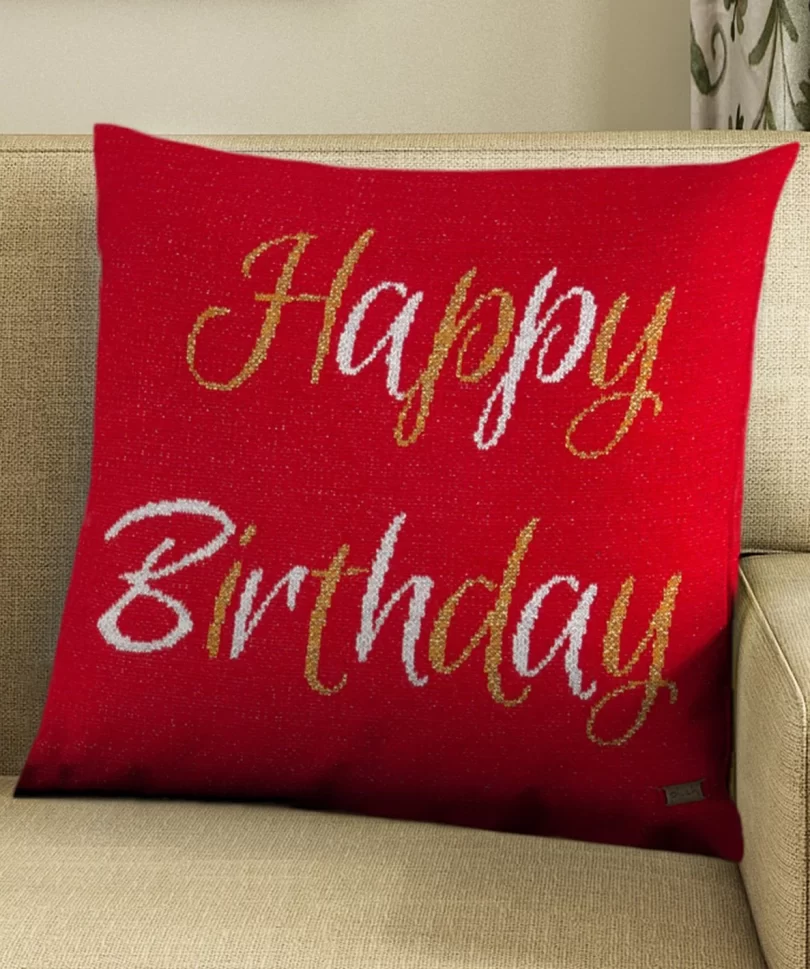 happy birthday cotton knitted cushion cover red color