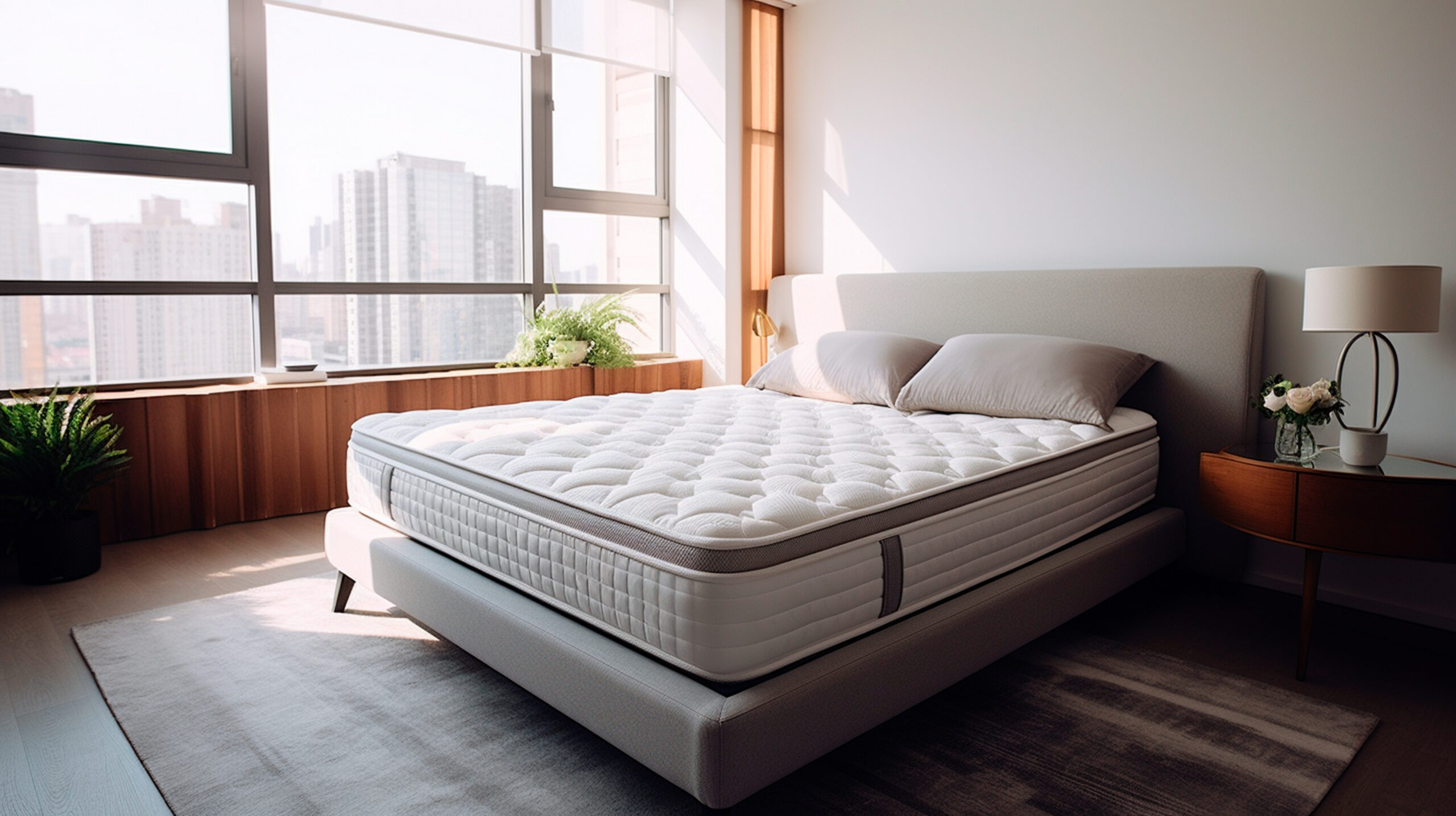 white bedroom with big white bed and large pillows.